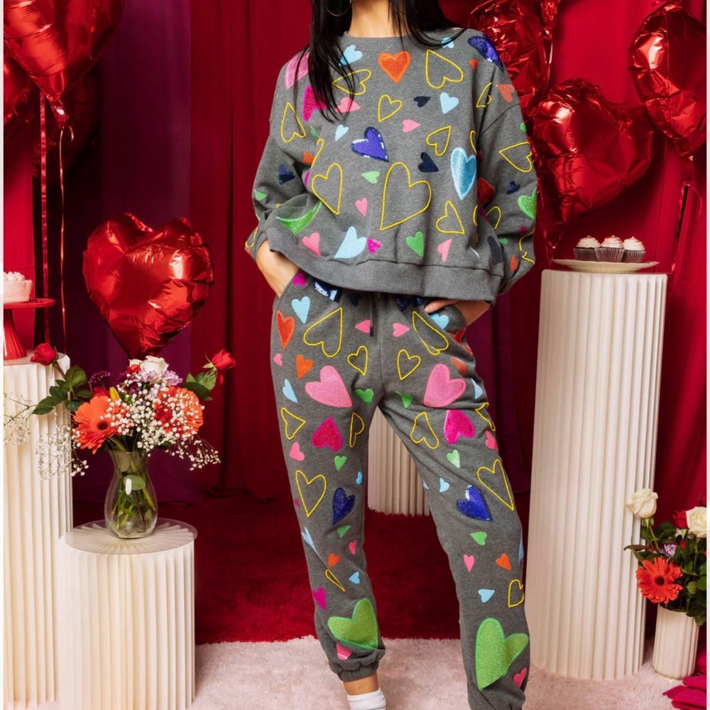 QUEEN OF SPARKLES Grey Groovy Hearts All Over Joggers